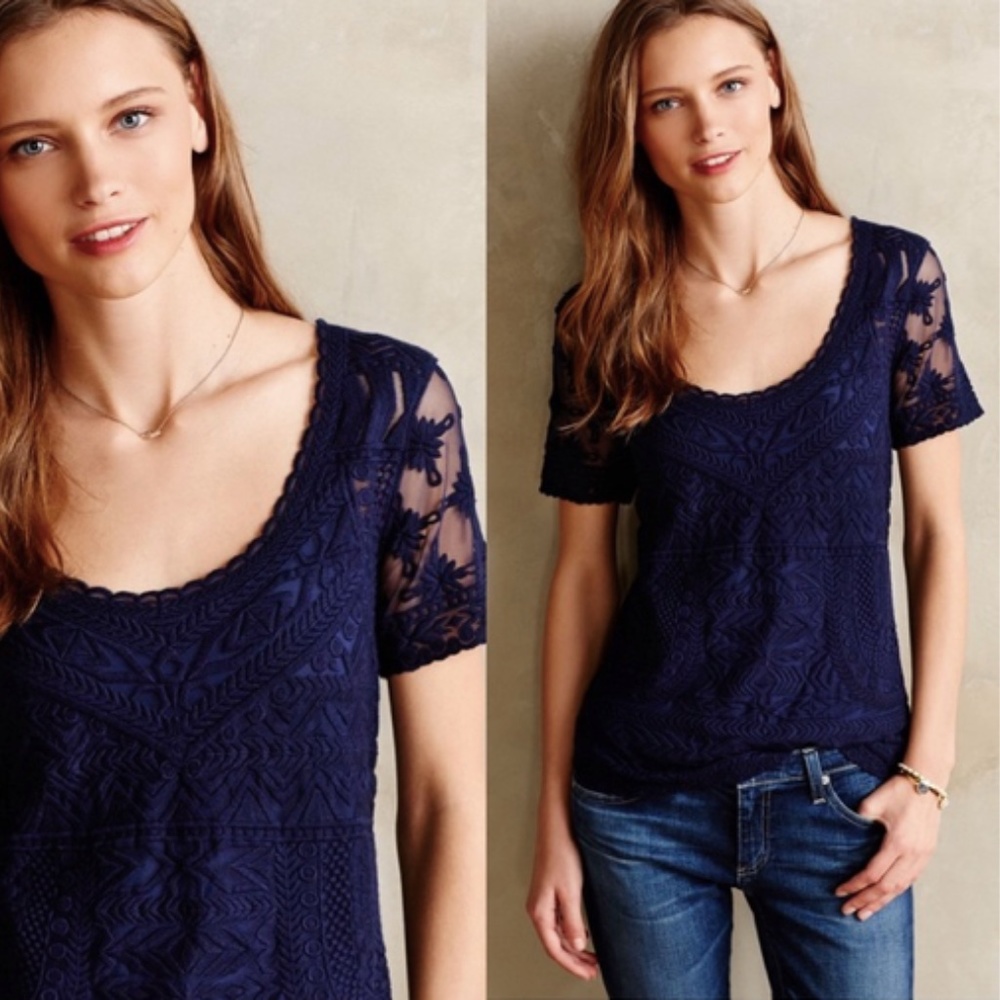 Anthropologie l Meadow Rue Navy Lace Knit Top